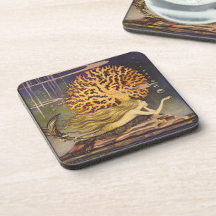 Vintage Fairy Tale, Little Mermaid in Ocean Coral Drink Coaster