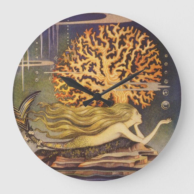 Vintage Fairy Tale, Little Mermaid in Ocean Coral Large Clock (Front)