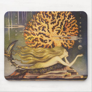 Vintage Fairy Tale, Little Mermaid in Ocean Coral Mouse Pad
