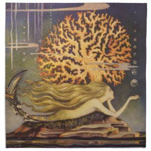 Vintage Fairy Tale, Little Mermaid in Ocean Coral Napkin