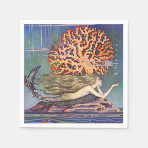 Vintage Fairy Tale, Little Mermaid in Ocean Coral Napkins