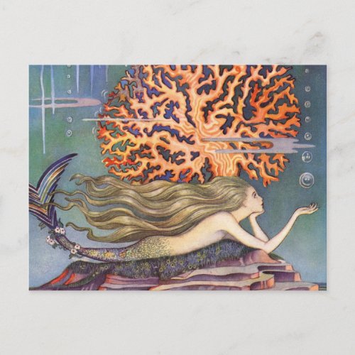 Vintage Fairy Tale Little Mermaid in Ocean Coral Postcard