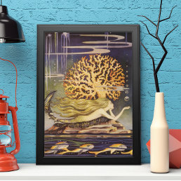 Vintage Fairy Tale, Little Mermaid in Ocean Coral Poster