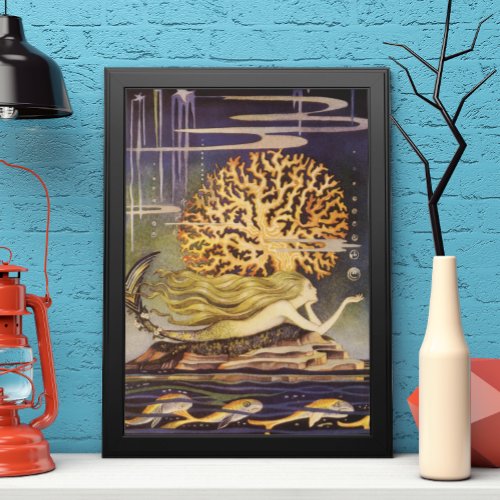 Vintage Fairy Tale Little Mermaid in Ocean Coral Poster