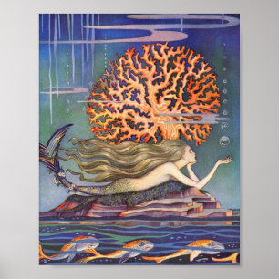 Vintage Fairy Tale, Little Mermaid in Ocean Coral Poster