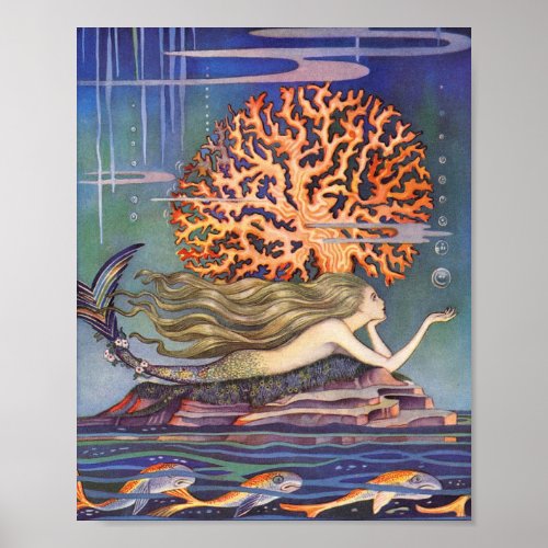 Vintage Fairy Tale Little Mermaid in Ocean Coral Poster