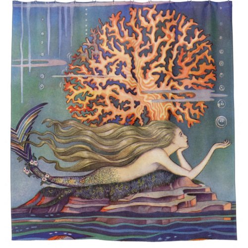 Vintage Fairy Tale Little Mermaid in Ocean Coral Shower Curtain