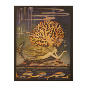 Vintage Fairy Tale, Little Mermaid in Ocean Coral Wood Wall Art
