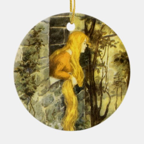 Vintage Fairy Tale Rapunzel with Long Blond Hair Ceramic Ornament