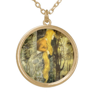 Vintage Fairy Tale, Rapunzel with Long Blonde Hair Gold Plated Necklace