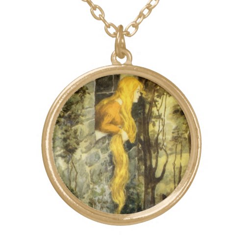 Vintage Fairy Tale Rapunzel with Long Blonde Hair Gold Plated Necklace