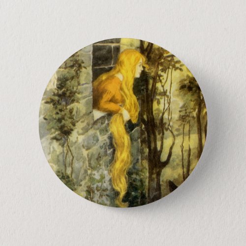 Vintage Fairy Tale Rapunzel with Long Blonde Hair Pinback Button