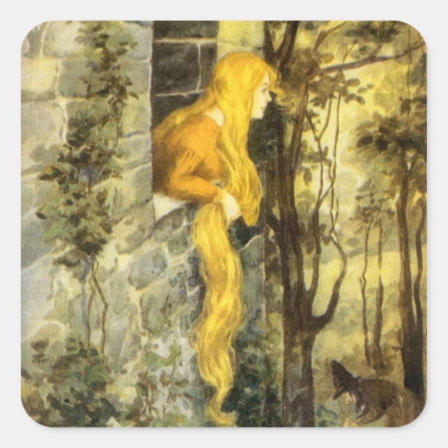Vintage Fairy Tale, Rapunzel with Long Blonde Hair Square Sticker (Front)