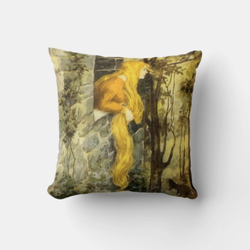 Vintage Fairy Tale Rapunzel with Long Blonde Hair Throw Pillow
