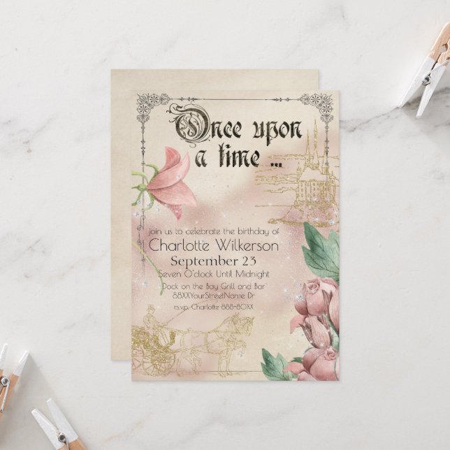 Vintage Fairy Tale Theme Castle and Carriage Invitation (Front/Back In Situ)