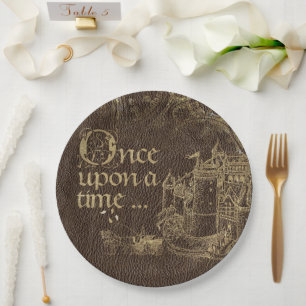 Vintage Fairy Tale Theme Gold Castle on Leather Paper Plates