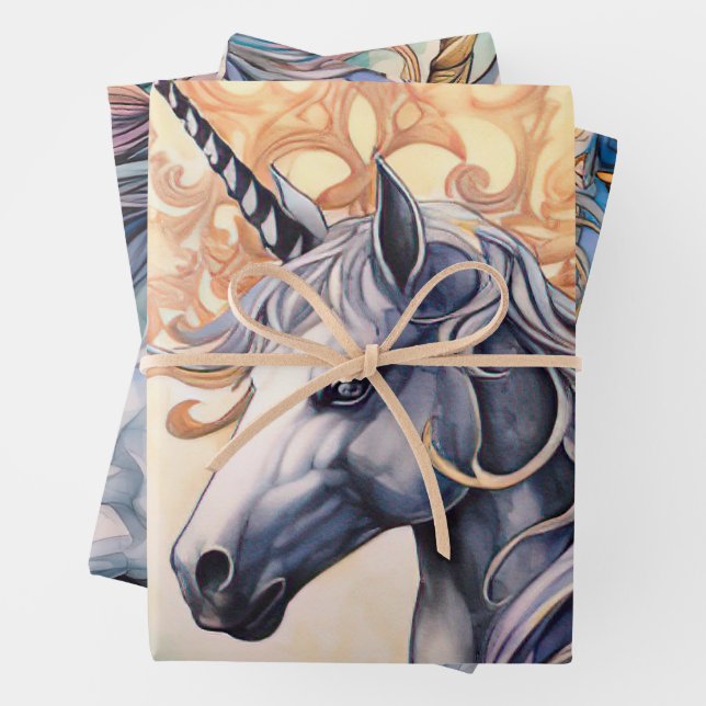 Vintage Fairy-tale Unicorn Watercolor  Wrapping Paper Sheets (In situ)