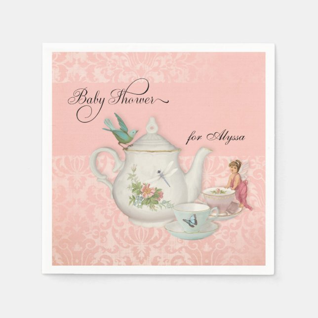 Vintage Fairy Teapot Tea Cup Baby Shower Decor Napkins (Front)