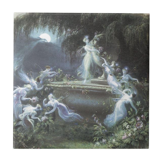 Vintage Fairy Visit At Moonlight 1832 Ceramic Tile (Front)