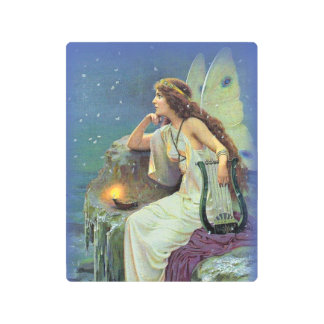 Vintage Fairy White Dress on Cliff With Harp Metal Print