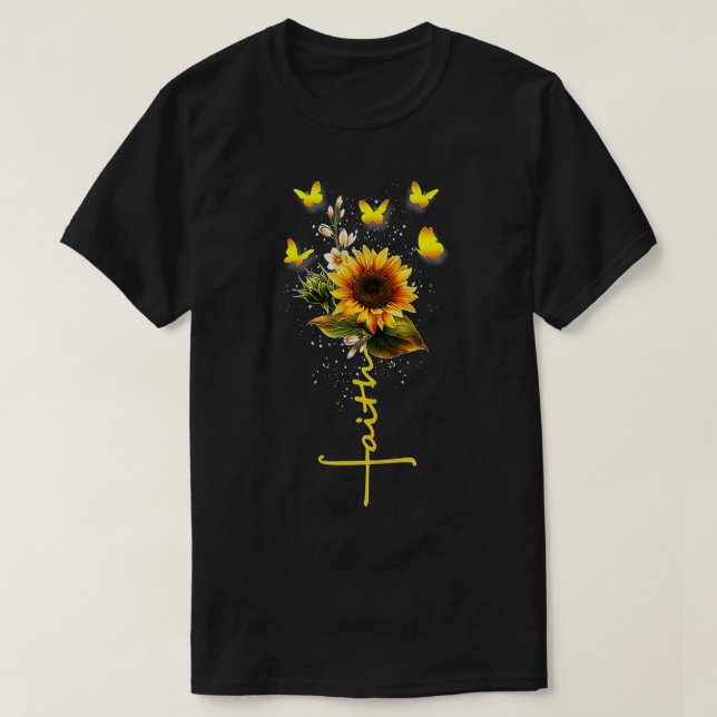 Vintage Faith Cross Sunflower Butterflies Flowers  T-Shirt (Design Front)