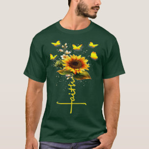 Vintage Faith Cross Sunflower Butterflies Flowers T-Shirt