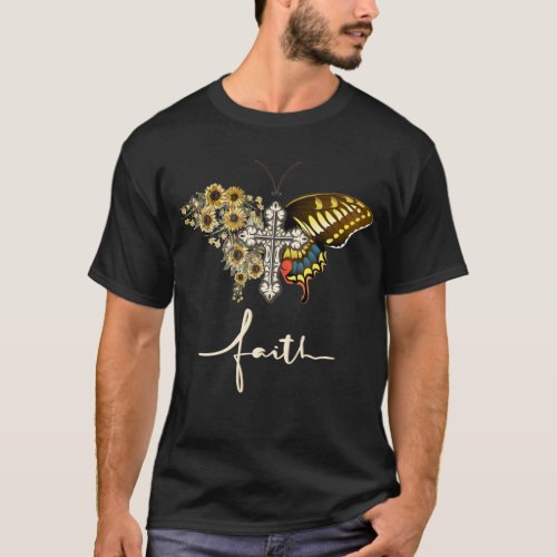 Vintage Faith Cross Sunflower Butterfly Christian T_Shirt