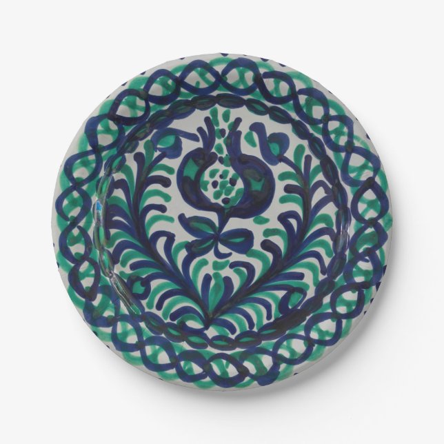 Vintage Fajalauza Granada Spanish Pottery Boho Paper Plates (Front)