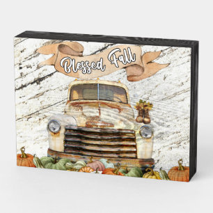Vintage Fall Antique Truck & Autumn Farm Pumpkins Wooden Box Sign