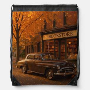 Vintage Fall/Autumn bookstore & car Drawstring Bag