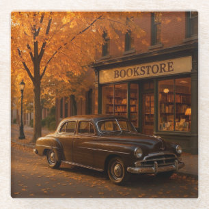 Vintage Fall/Autumn bookstore & car Glass Coaster