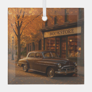 Vintage Fall/Autumn bookstore & car Glass Ornament