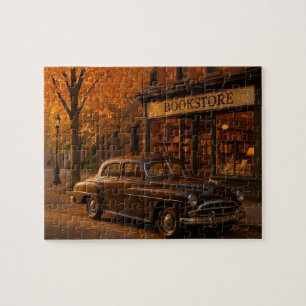 Vintage Fall/Autumn bookstore & car Jigsaw Puzzle