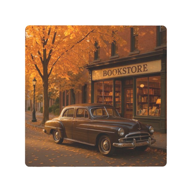 Vintage Fall/Autumn bookstore & car Metal Print (Front)