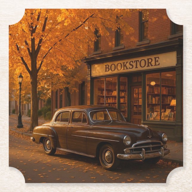 Vintage Fall/Autumn bookstore & car Paper Coaster (Front)