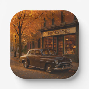 Vintage Fall/Autumn bookstore & car Paper Plates