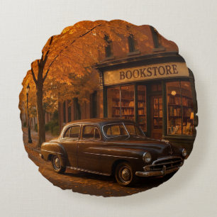 Vintage Fall/Autumn bookstore & car Round Pillow