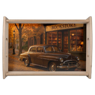 Vintage Fall/Autumn bookstore & car Serving Tray