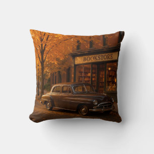 Vintage Fall/Autumn bookstore & car Throw Pillow