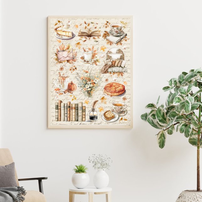Vintage Fall Autumn Essential Cozy Library Poster (In situ)