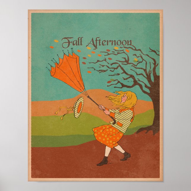 Vintage Fall Autumn Wind Girl with Umbrella Poster (Front)