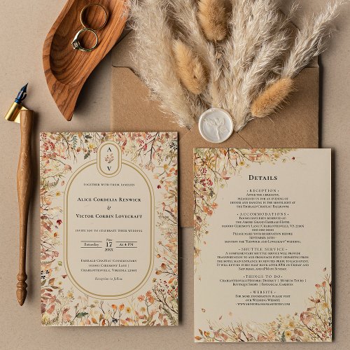 Vintage Fall Beige Wedding Monogram Details and Invitation