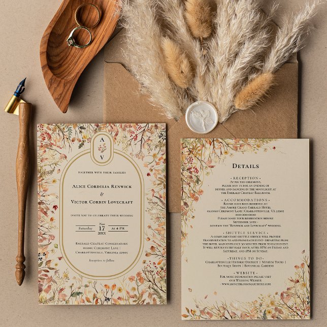 Vintage Fall Beige Wedding Monogram Details and Invitation (Creator Uploaded)