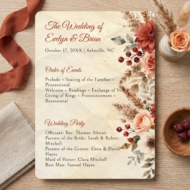 Vintage Fall Burgundy Peach Floral Wedding Program (Creator Uploaded)