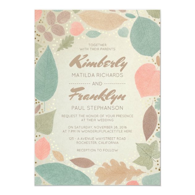 Vintage Fall Colorful Leaves Gold Dots Wedding Invitation