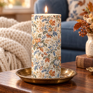 Vintage Fall Floral Blue Cream Earthy Brown Pillar Candle