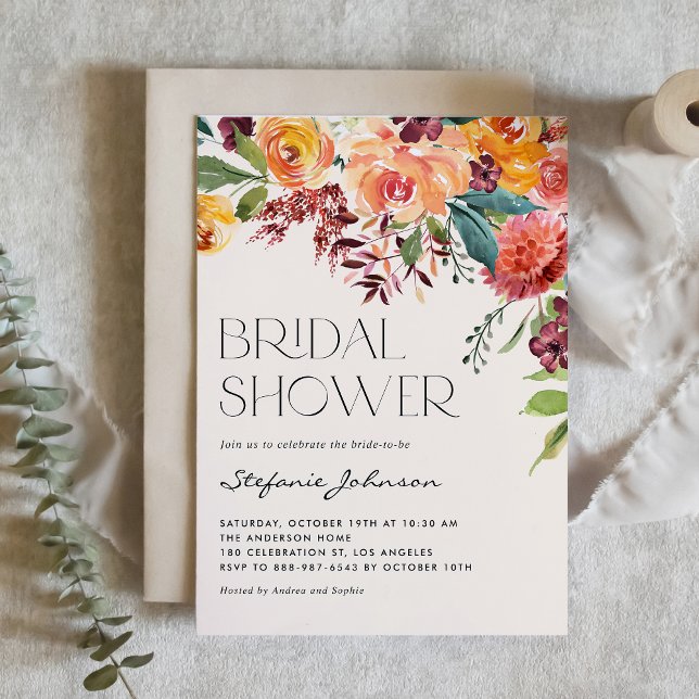 Vintage Fall Floral Bouquet Bridal Shower Invitation (Customizable Watercolor Vintage Fall Floral Bouquet Bridal Shower Invitation)