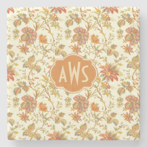 Vintage Fall Floral Leaves Orange Monogram Stone Coaster