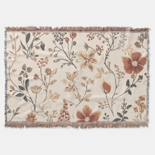 Vintage Fall Floral Pattern on Cream Rustic Autumn Throw Blanket