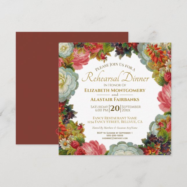 Vintage Fall Floral Wedding Rehearsal Dinner Invitation (Front/Back)